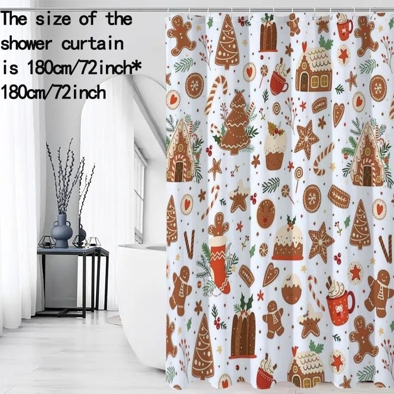 Christmas Themed Shower Curtain, 1 Count Waterproof Bathroom Curtain with 12pcs Hooks, Bathroom Accessories, Home Decor Supplies