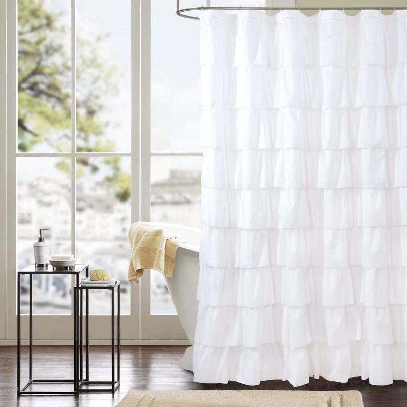 Ruffle Trim Shower Curtain, 1 Count Soft Washable Polyester Cloth, Water-repellent Shower Curtain, Bathroom Accessories, Home Decor Supplies