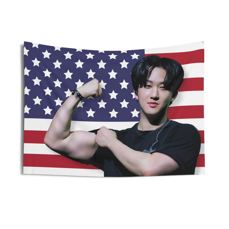 STRAY KIDS Changbin Biceps America Flag Banner, Skz Kpop Flag, Stray Kids Tour 2024 Merch, Gift Ideas STAYS, Birthday Gift & Concert Merch 3x5ft Celebrity USA Flag Tapestry for Wall hanging, College Dorm, Living Room, Bed Room, Home Decor