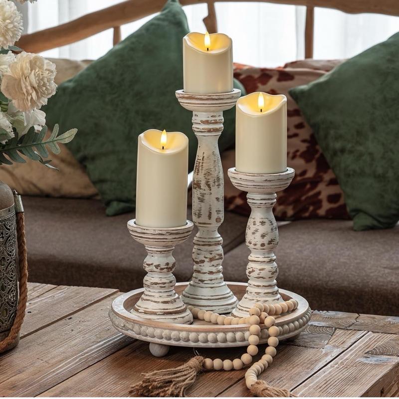 Farmhouse Wood Candle Holders for Pillar Candles Set of 3, Rustic Candle Holders for Table Centerpiece, 13