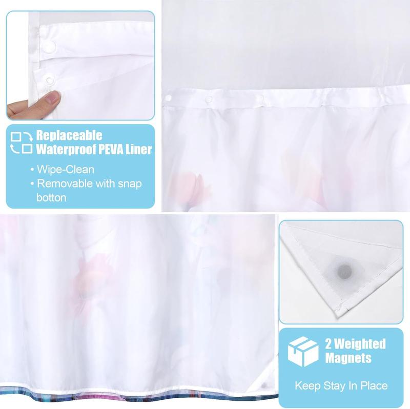 No Hook Flower Shower Curtain with Snap Liner, See Through Shower Curtain with Window, Double Layer, Waterproof, Washable shower curtain