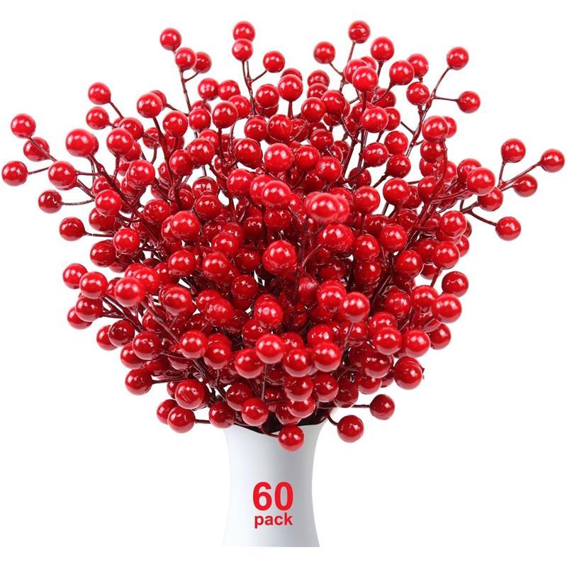 60 Pack Artificial Red Holly Berries, 8.2 Inch Red Berry Stems for Christmas Tree Decorations Celebration Flower Garland