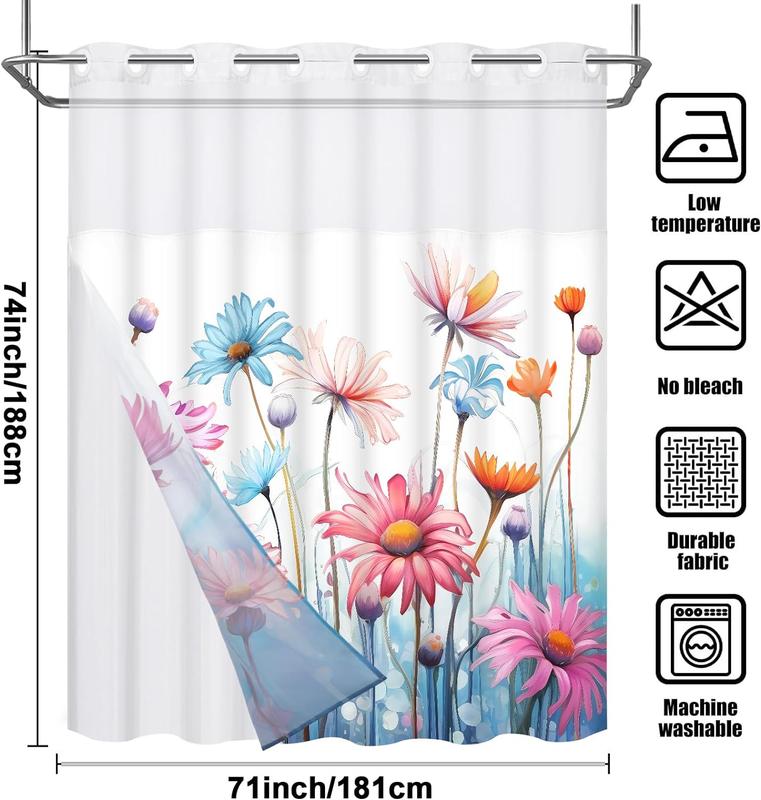 No Hook Flower Shower Curtain with Snap Liner, See Through Shower Curtain with Window, Double Layer, Waterproof, Washable shower curtain