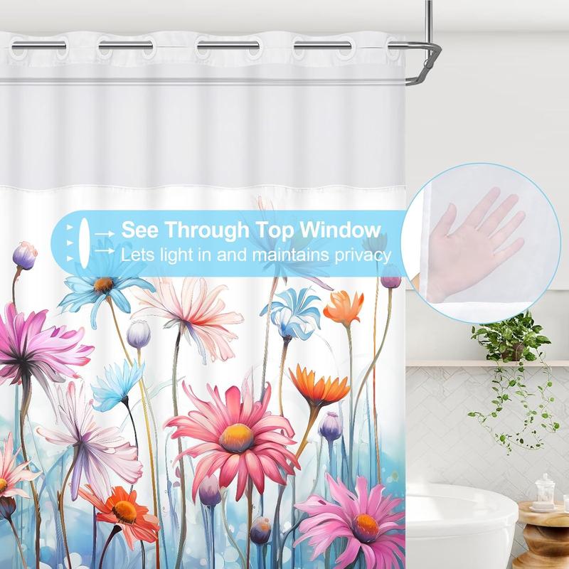 No Hook Flower Shower Curtain with Snap Liner, See Through Shower Curtain with Window, Double Layer, Waterproof, Washable shower curtain