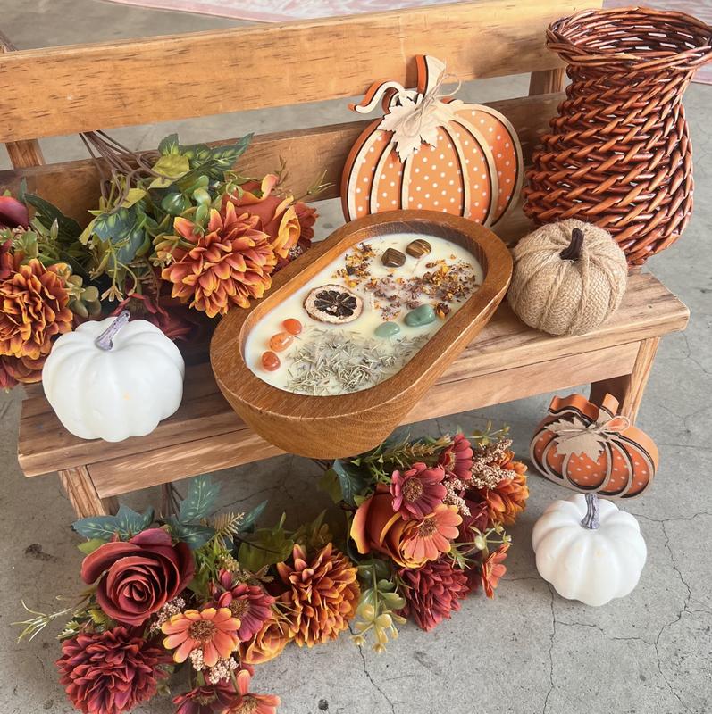 The Moon Heart Fall Dough bowl candle - large and farmhouse style with crystals Decor Light Fragrance Wood