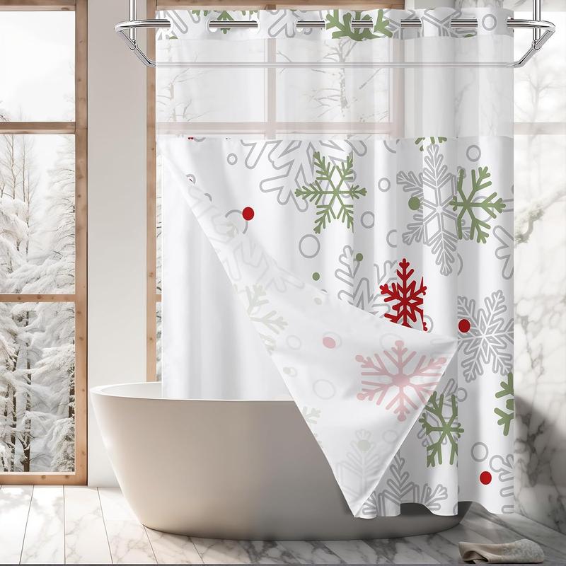 No Hook Winter Snowflake Shower Curtain, Hookless Christmas Shower Curtain,Red and Green Xmas New Year Holiday Bathroom Bathtubs Decor with Snap in Liner, Waterproof Polyester Fabric 71X74in