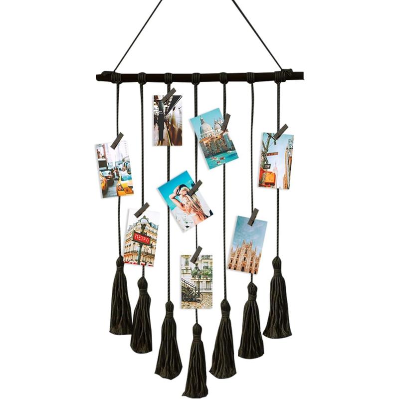 Hanging Photo Display 27in L x 17in W Macrame Wall Hanging Clip Photo Holders Boho Room Decor, with 15 Wooden Clips, Gifts for Women Teen Girl Bedroom Decor Apartment Decor, Black