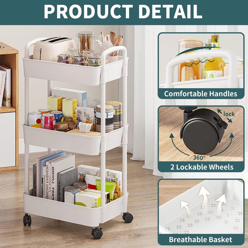 Home Furniture 3 Tier Rolling Cart, Plastic Rolling Utility Cart with Wheels, Lightweight Rolling Storage Cart Organizer