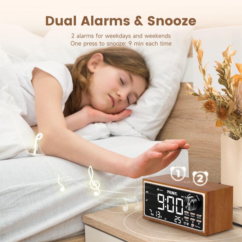 PRUNUS J-177 Retro Vintage Alarm Clock Radio with Fast Wireless Charging, Dual Alarms, Snooze, Sleep Aid, Large LED Display,Dimmer Control,Body Sensor,Auto-Dimming,Retro Clock for Bedroom