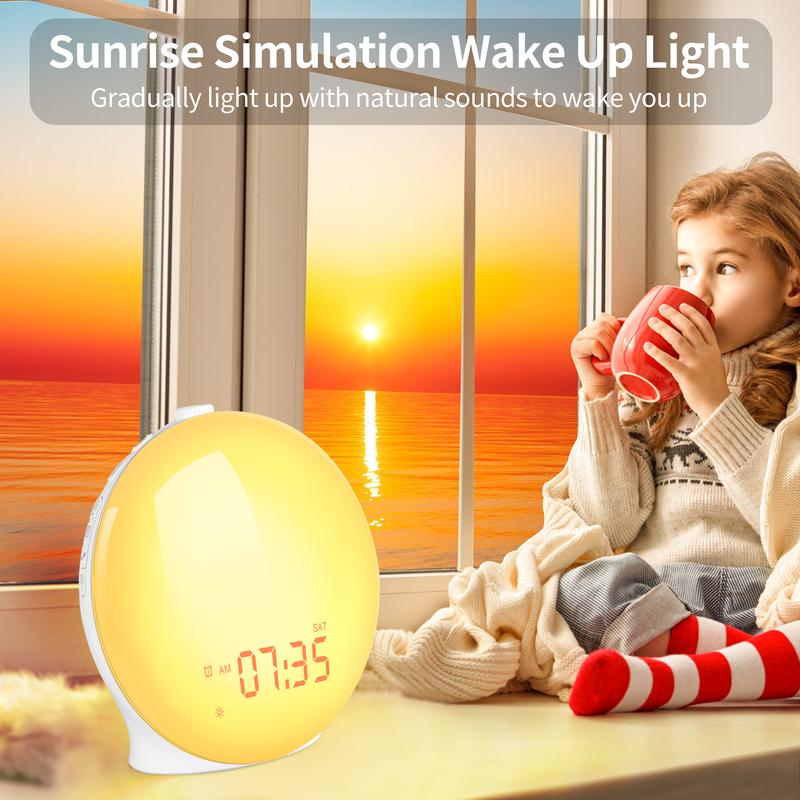 Hatch Alarm Clock Heavy Sleepers Wake Up Light Sunrise Alarm Clock Heavy Sleepers, Bedroom, with Sunrise Simulation, Sleep Aid, Dual Alarms, FM Radio, Snooze, Nightlight, Daylight, 7 Colors, 7 Natural Sounds, Ideal for Gift Decor