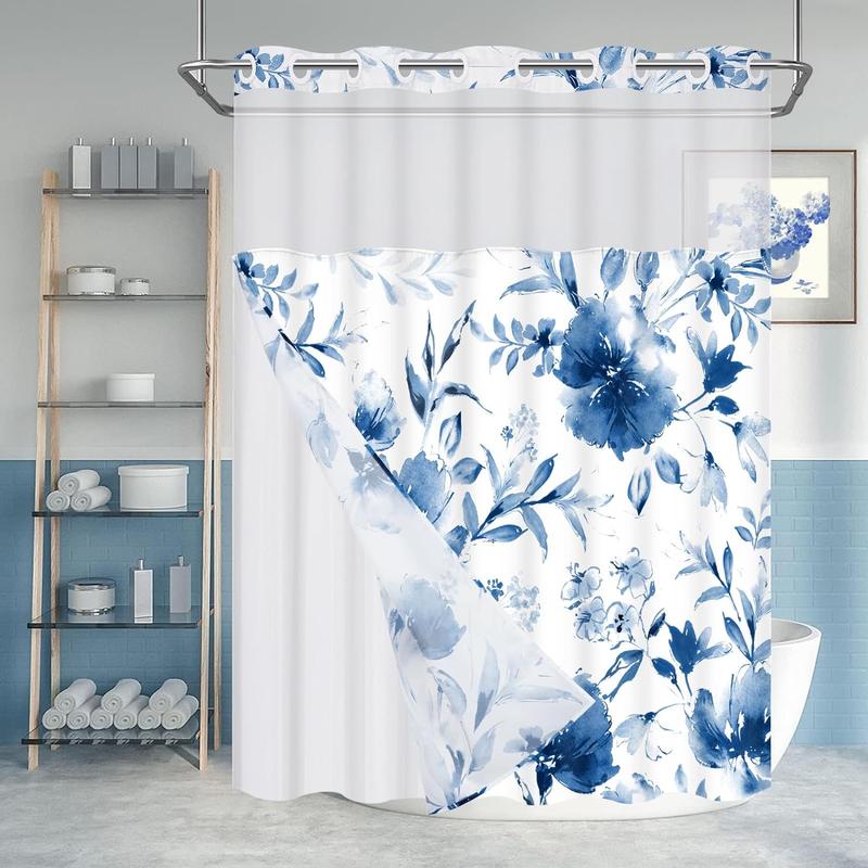 Alishomtll No Hook Shower Curtain with Snap in Liner, Navy Blue Floral Hotel Shower Curtain and Liner Set, Watercolor See Through Shower Curtain with Window, Double Layer, Waterproof