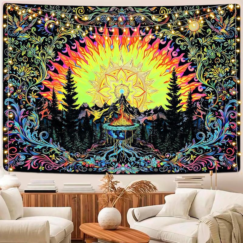 Blacklight Sun Tapestry UV Reactive Mandala Tapestries Neon Mountain Forest Tapestry Aesthetic Floral Plant Wall Decor Bohemian Hippie Tapestry Wall Hanging for Bedroom(51.2 x 59.1 inches) Nature