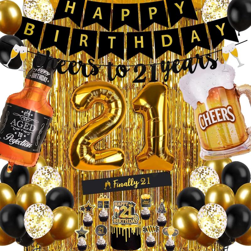 21st Birthday Decorations for Him, Happy Birthday Decorations Black and Gold 21 Birthday Decorations with Happy Birthday Banner, Fringe Curtain, Confetti Balloons