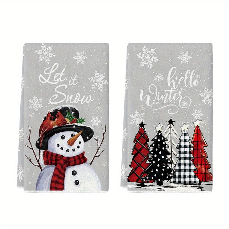 Snowman Christmas Trees Winter Kitchen Towels Dish Towels, 18x26 Inch Seasonal Christmas Room Funky Home Decoration Hand Towels Set of 2