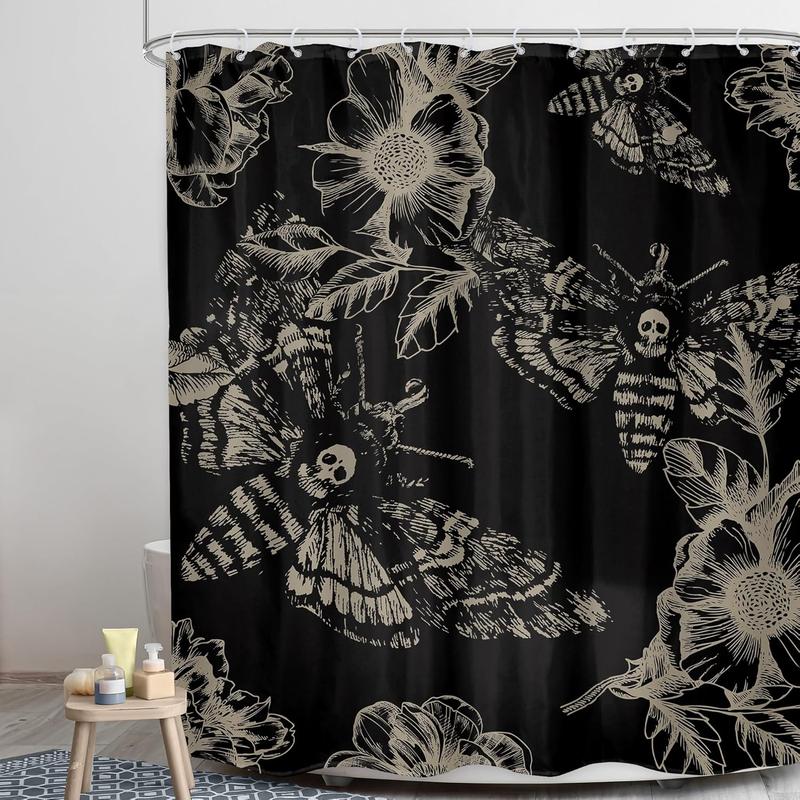 Gothic Skull Halloween Shower Curtain Bathroom Set 60Wx71H Inches Death Head Moth Scary Black Flower Leaves Mysterious Butterfly Bath Accessories Retro Art Home Decor Fabric 12 Pack Hooks