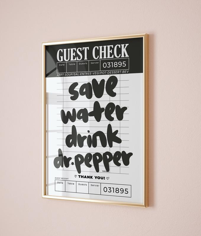 4 options - save water drink dr.pepper guest check prints wall art poster no frame, college apartment decor retro, trendy preppy kitchen aesthetic posters, decor home