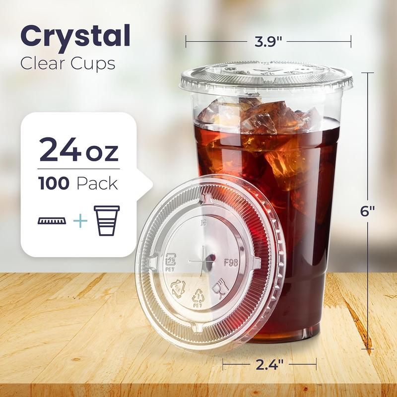 [100 pack] 24 oz transparent plastic cup with flat lid, disposable iced coffee cup, smoothie cup, suitable for parties, lemon water racks, cold drinks, juices, milkshakes, bubble boba, tea