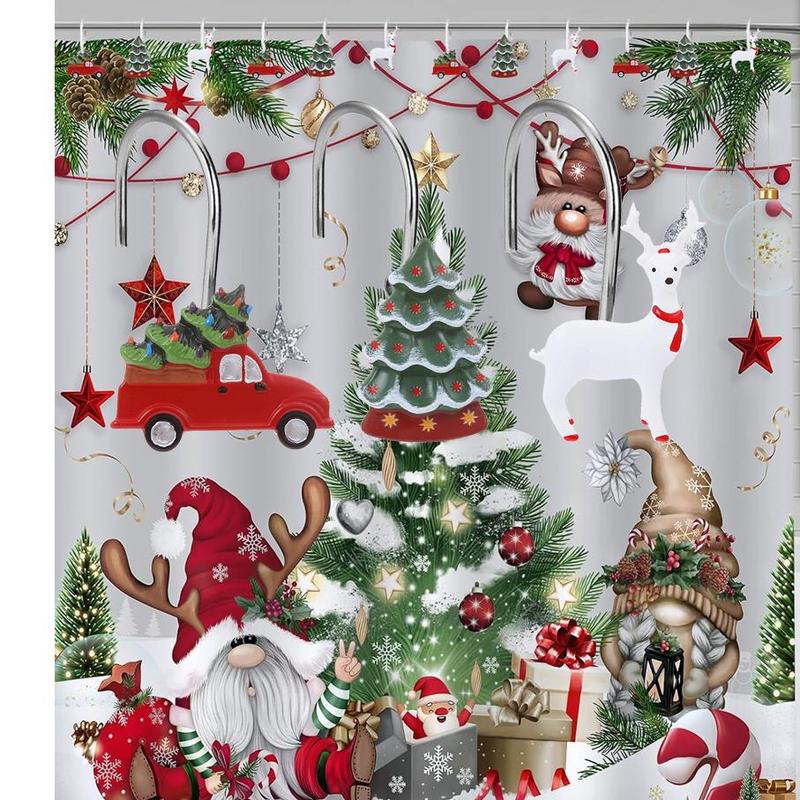 Christmas Themed Shower Curtain Hooks, 12pcs set Cute Reindeer & Truck & Tree Design Shower Curtain Hooks, Bathroom Accessories for Home Decor