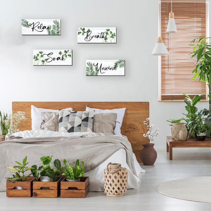 4  Farmhouse Bathroom Wall Decors Relax Soak Unwind Breathe Wooden Word Sign Green Hanging Wall Art Rustic Office Wall Decor for Bedroom Living Room Vintage Decorations(Green Leaves 10X4 Inch)