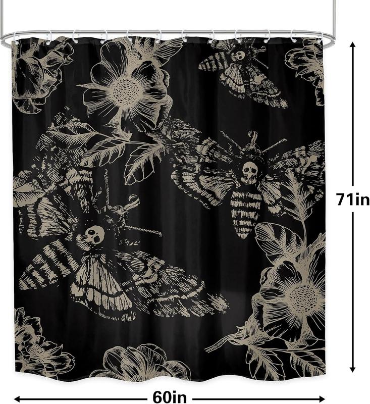 Gothic Skull Halloween Shower Curtain Bathroom Set 60Wx71H Inches Death Head Moth Scary Black Flower Leaves Mysterious Butterfly Bath Accessories Retro Art Home Decor Fabric 12 Pack Hooks