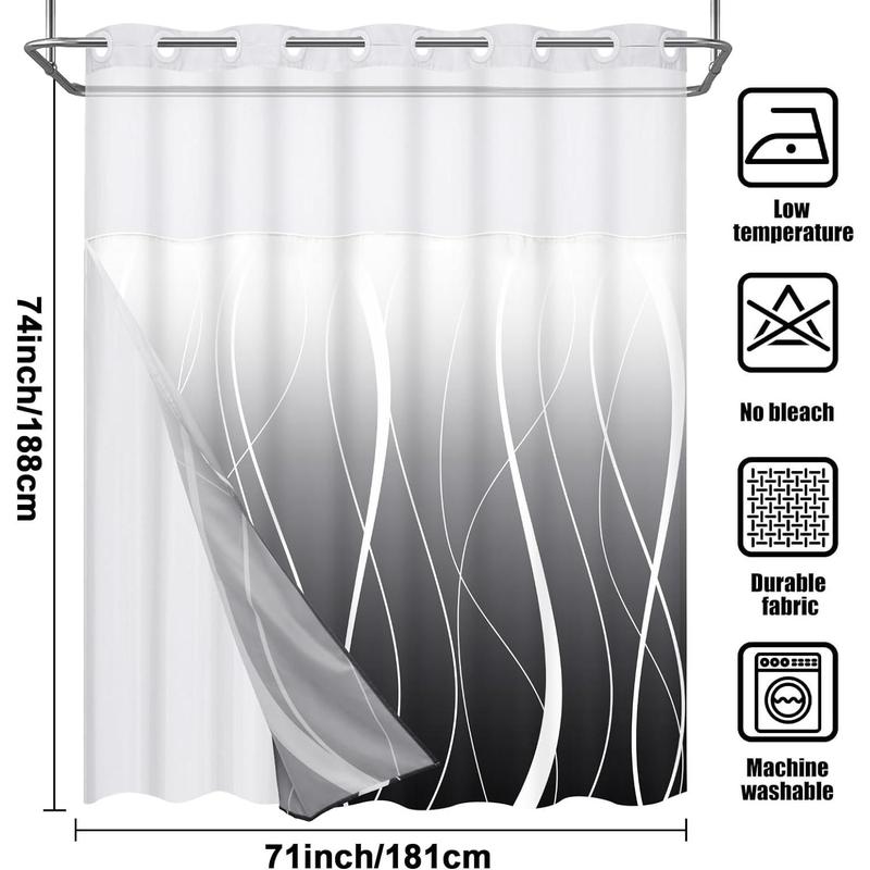 Likiyol Black No Hook Shower Curtain with Snap in Liner, Modern Striped Hotel Shower Curtain and Liner Set, Ombre See Through Shower Curtain with Window, Double Layer, Washable, 71