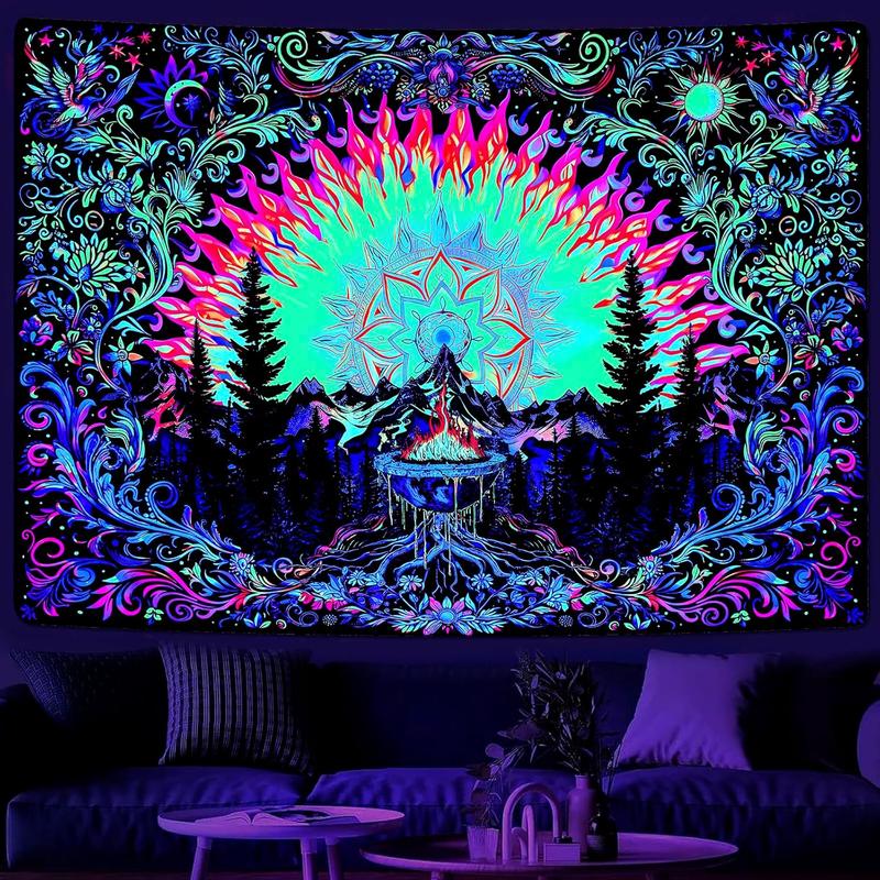 Blacklight Sun Tapestry UV Reactive Mandala Tapestries Neon Mountain Forest Tapestry Aesthetic Floral Plant Wall Decor Bohemian Hippie Tapestry Wall Hanging for Bedroom(51.2 x 59.1 inches) Nature