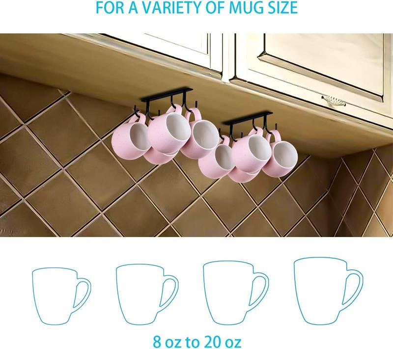 2 Set Mug Rack Under Cabinet, Coffee Mug Holder Under Cabinet,8pcs Cup Hooks Under Shelf, Kitchen Mug Drying Hanging Racks,Coffee Bar Mug Hanger, Black