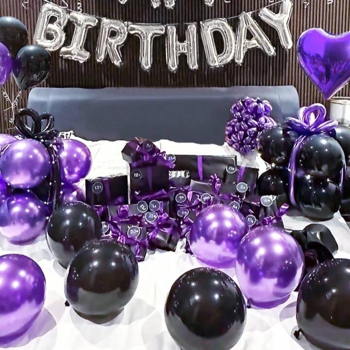 61pcs Set 16-Inch Silver Happy Birthday Foil Balloon Set with Black, Purple Latex & Heart Balloons for English Letters Decoration