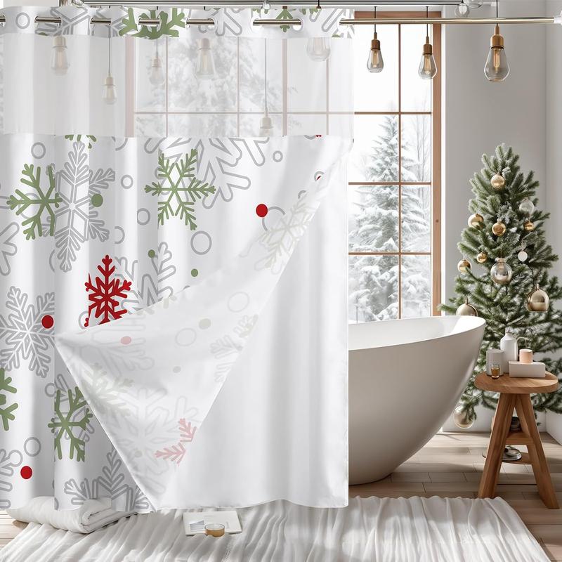 No Hook Winter Snowflake Shower Curtain, Hookless Christmas Shower Curtain,Red and Green Xmas New Year Holiday Bathroom Bathtubs Decor with Snap in Liner, Waterproof Polyester Fabric 71X74in