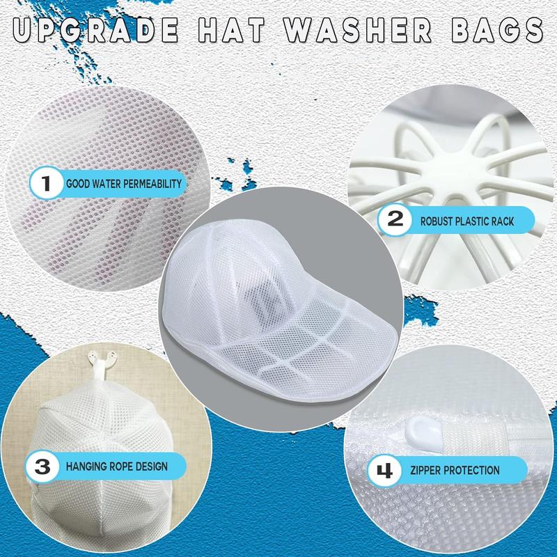 Hat Washer for Washing Machine, Cap Cleaner with Mesh Bags, Safeguard for Baseball Caps, Cleaning Protector Cage (White - 2 Pack)