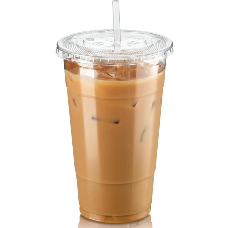 [100 pack] 24 oz transparent plastic cup with flat lid, disposable iced coffee cup, smoothie cup, suitable for parties, lemon water racks, cold drinks, juices, milkshakes, bubble boba, tea