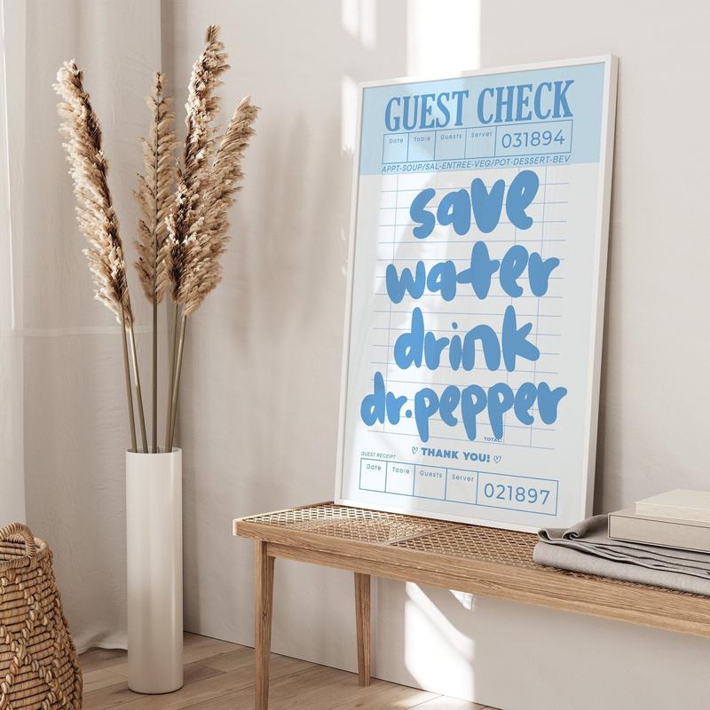 4 options - save water drink dr.pepper guest check prints wall art poster no frame, college apartment decor retro, trendy preppy kitchen aesthetic posters, decor home