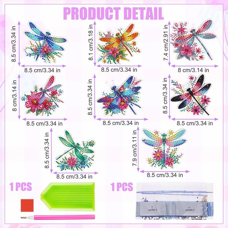 Dragonfly Pattern DIY Diamond Arts Colorful Painting Refrigerator Sticker(8 Counts set), DIY Painting Sticker, Decorative Sticker for Home & Office