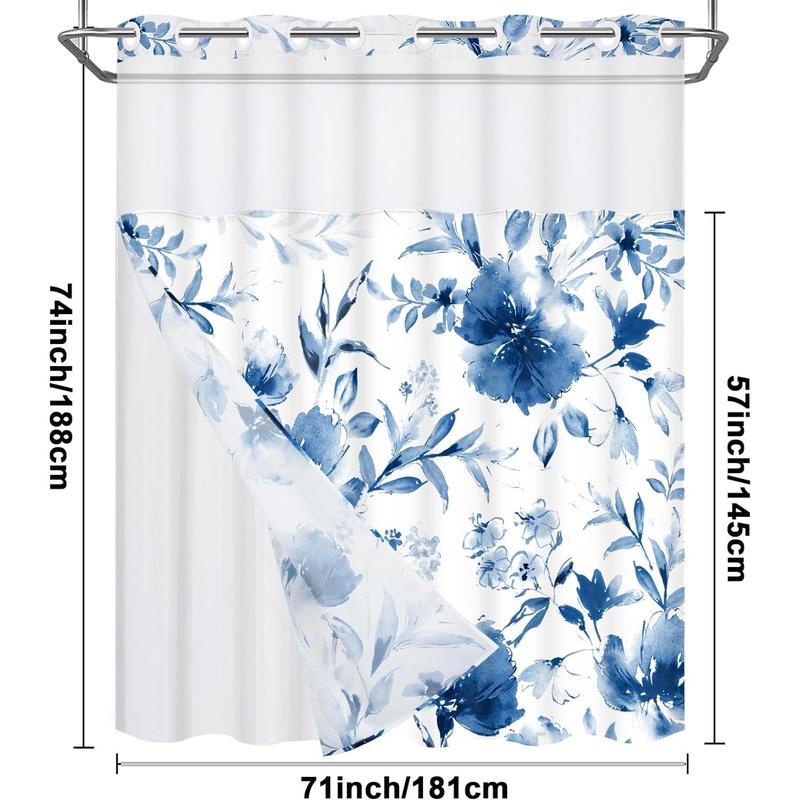 Alishomtll No Hook Shower Curtain with Snap in Liner, Navy Blue Floral Hotel Shower Curtain and Liner Set, Watercolor See Through Shower Curtain with Window, Double Layer, Waterproof