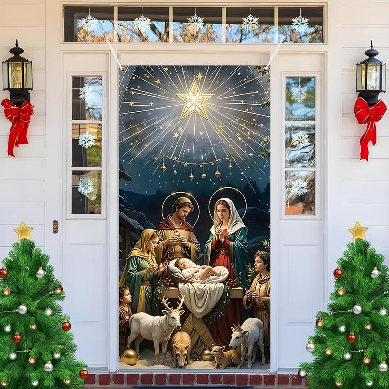 Christmas Themed Door Banner, 1 Count Jesus Birth Door Hanging Banner, Festive Backdrop for Home Living Room Bedroom, Party Decoration Supplies