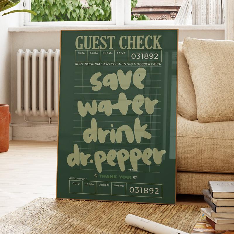 4 options - save water drink dr.pepper guest check prints wall art poster no frame, college apartment decor retro, trendy preppy kitchen aesthetic posters, decor home