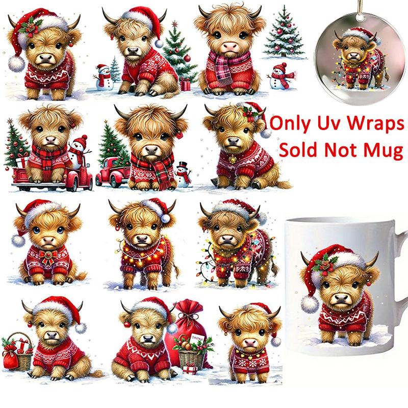 Highland Cow Pattern DIY UV DTF Transfer Sticker, 24pcs set Self-adhesive Decorative Sticker, Decoration Sticker for Glass Jars Coffee Mugs Cups