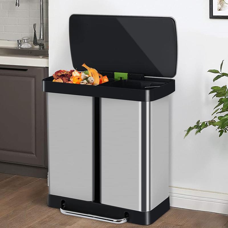 Kitchen Trash Can 16 Gallon  60L Stainless Steel Dual Trash Can with Lid & Double Barrel, High-Capacity Step Garbage Can Classified Recycle Rubbish Bin Combo for Bathroom