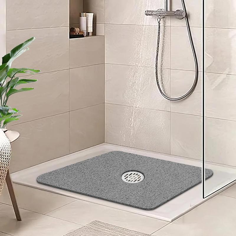 Square Shower Mat, 24 x 24 Inch Non Slip Bath Mat for Tub, Soft PVC Loofah Bathtub Mats with Drain Holes, Quick Drying Bathroom Stall Floor Mat, Bathroom Accessories without Suction Cup, Grey