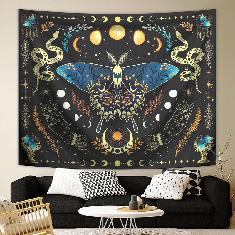 Butterfly & Moon Pattern Tapestry, Bohemian Plant Starry Sky Tapestry, Wall Hanging for Bedroom Living Room Study Room Office