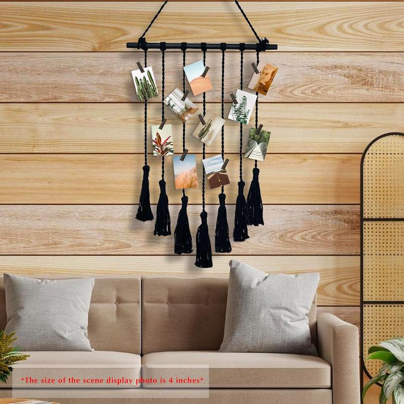 Hanging Photo Display 27in L x 17in W Macrame Wall Hanging Clip Photo Holders Boho Room Decor, with 15 Wooden Clips, Gifts for Women Teen Girl Bedroom Decor Apartment Decor, Black