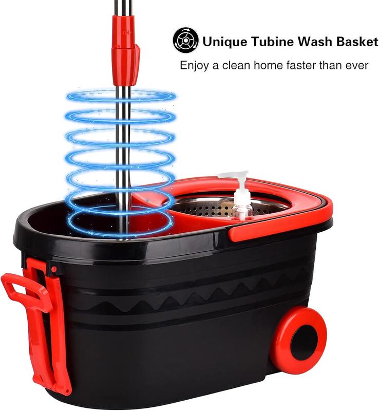 Spin Mop and Bucket with Wringer Set, Stainless Steel 360 Spinning Mop Bucket with 2X Round Wheels for Home Cleaning System with Dual Mop Heads Self Wringing Red Big Bucket 25QT (Black & Red)