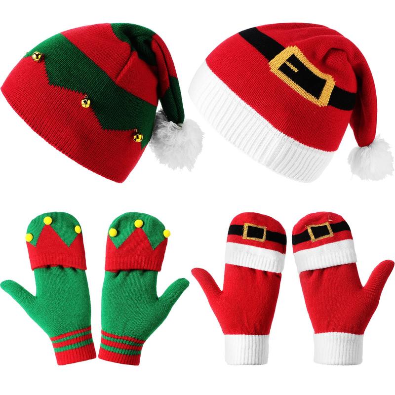 4 Pieces Christmas Elf Knitted Hat Elf Hats for Kids Flip Mittens Women Convertible Fingerless Gloves for Women Flip Top Gloves Christmas Mittens for Girls, Boys, Women and Men