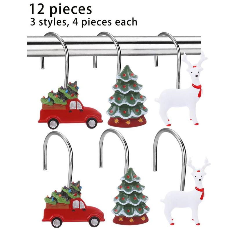 Christmas Themed Shower Curtain Hooks, 12pcs set Cute Reindeer & Truck & Tree Design Shower Curtain Hooks, Bathroom Accessories for Home Decor