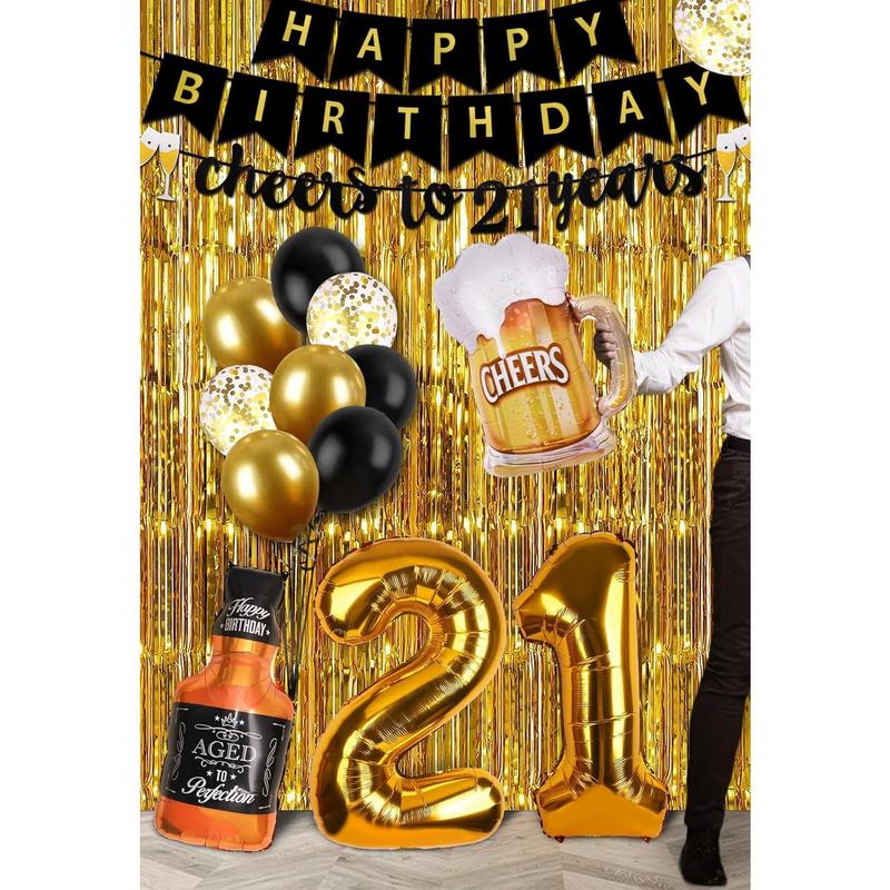 21st Birthday Decorations for Him, Happy Birthday Decorations Black and Gold 21 Birthday Decorations with Happy Birthday Banner, Fringe Curtain, Confetti Balloons