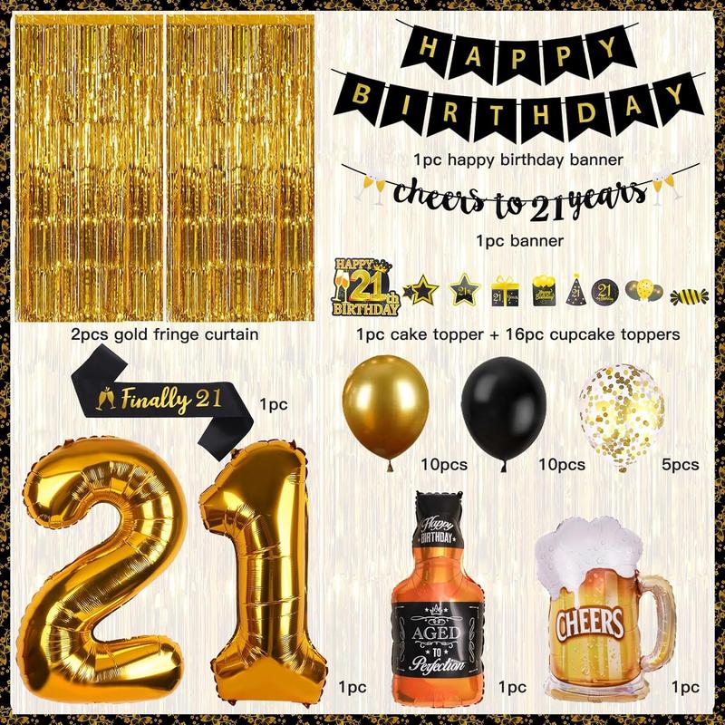 21st Birthday Decorations for Him, Happy Birthday Decorations Black and Gold 21 Birthday Decorations with Happy Birthday Banner, Fringe Curtain, Confetti Balloons