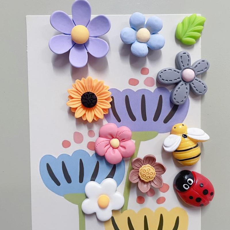 Flower & Bee & Leaves & Ladybugs Design Fridge Magnet, 10pcs set Cute Refrigerator Magnet, Durable & Strong Hold Magnet for Kitchen, Office & More, Home Decor