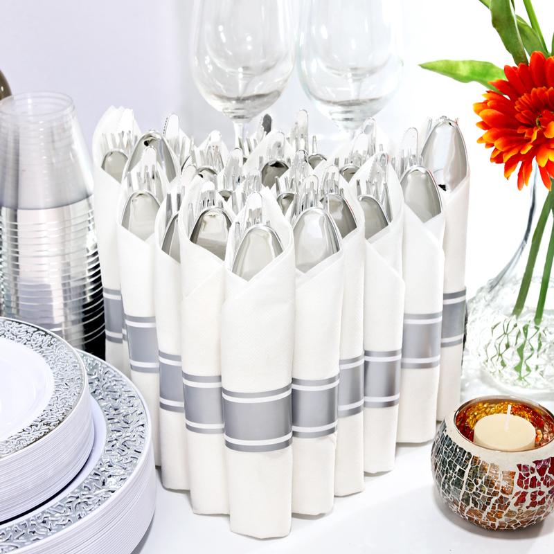 210PCS Silver Plastic Dinnerware Set Includes 30 Dinner Plates,30 Salad Plates,30 Cups 9 OZ,30 Pre Rolled Napkins with Cutlery