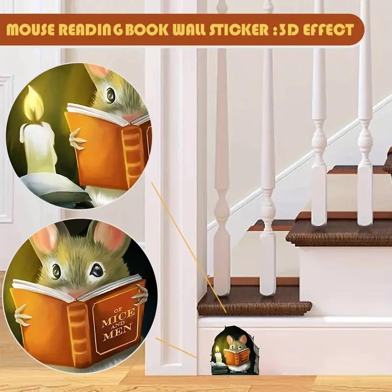 3D Mouse Reading Book Pattern Wall Sticker, Creative Removable Wall Decor, Decorative Sticker For Home Bedroom Living Room, Wallpaper for Bedroom