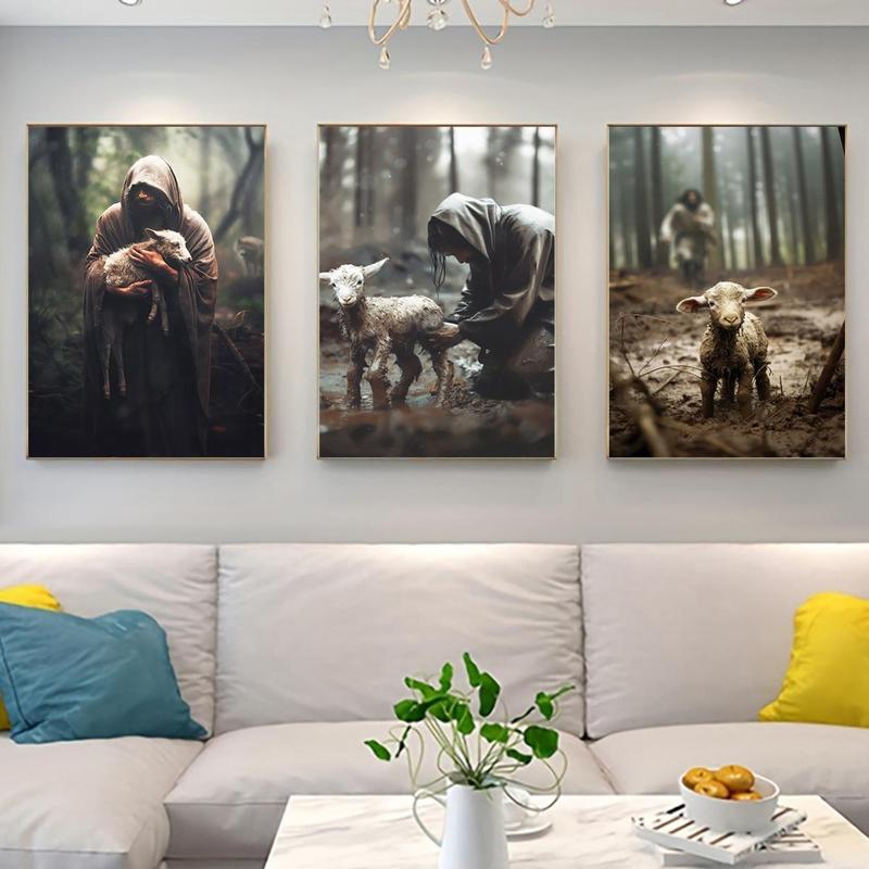 Jesus and The Lamb Pattern Canvas Painting without Frame, 3 Counts Religion Themed Wall Art Painting, Wall Decor for Home Living Room Bedroom Office